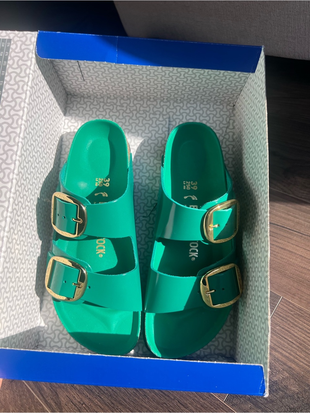 Birkenstock Green Double-Buckle Sandals with Gold Buckles